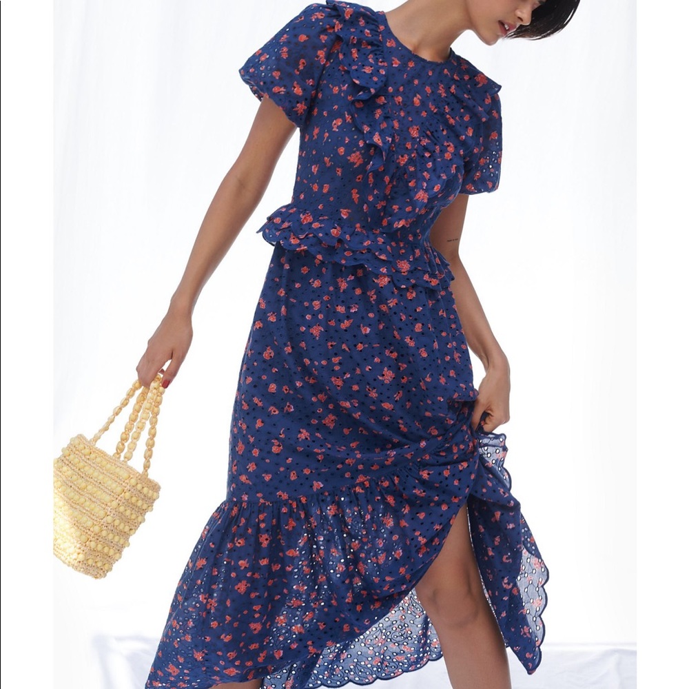 UO Eyelet Ruffle Maxi Dress Blue